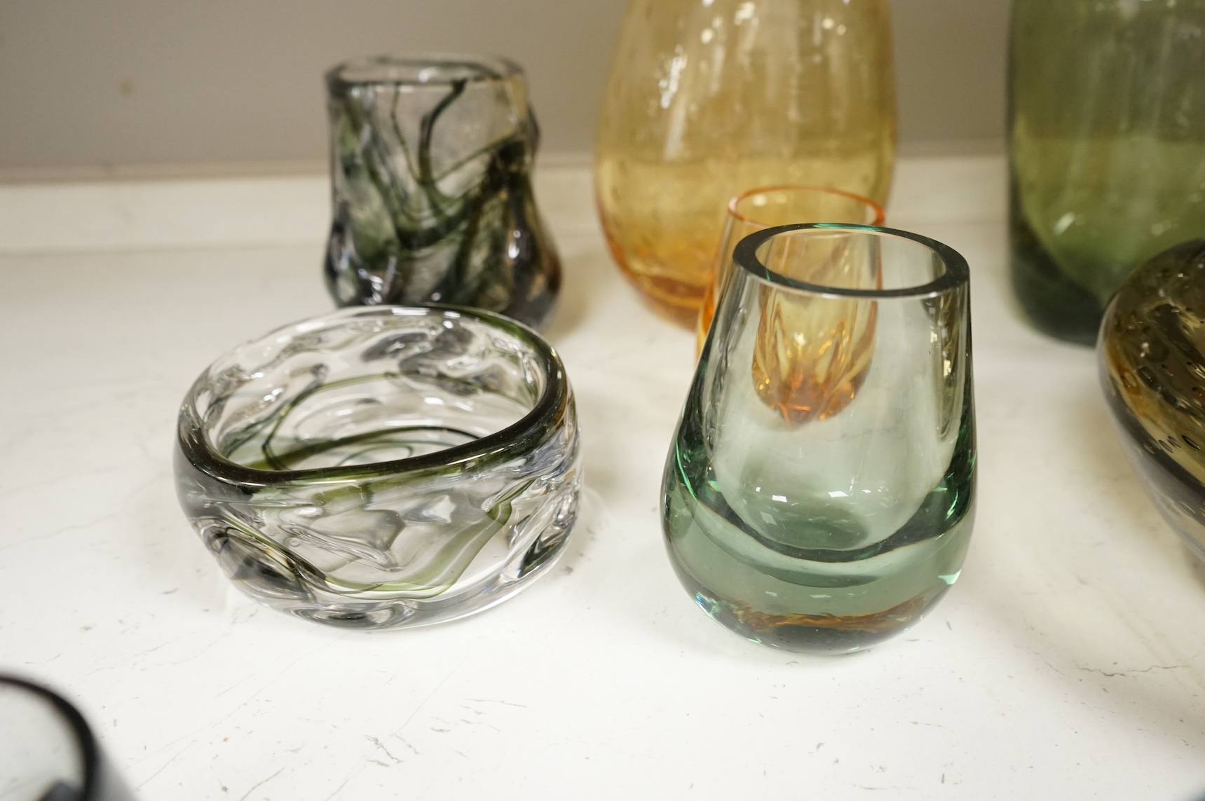 A collection of mixed coloured Whitefriars ‘Controlled Bubble’ and ‘Knobbly’ glassware, largest 37cm high (12)